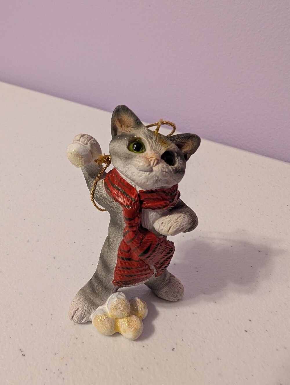 Gray Tabby Kitty Cat with Scarf Throwing Snowballs Christmas Tree Ornament